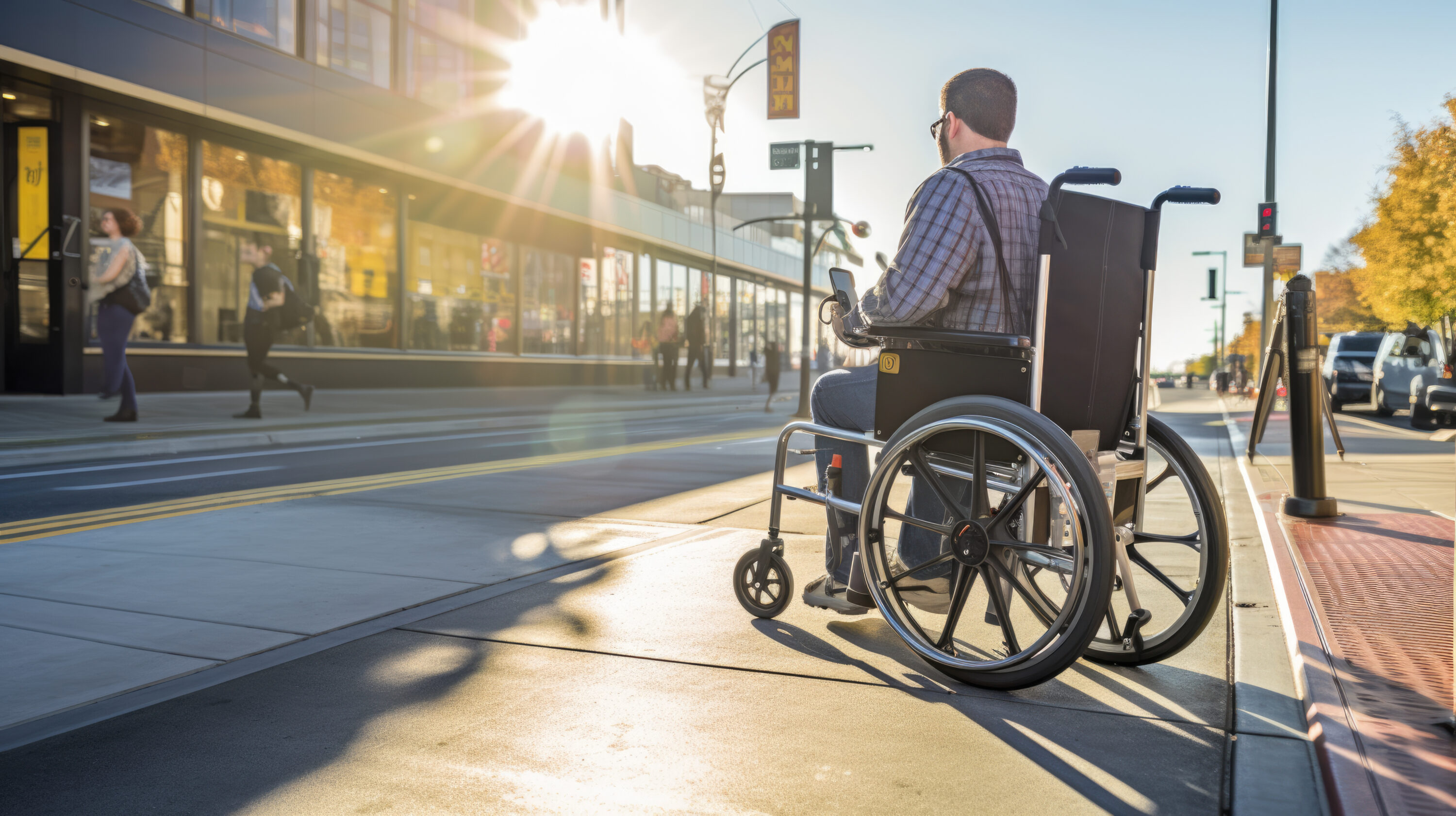henkilö pyörätuolissa odottamassa julkista liikennettä saavutettavassa ympäristössä