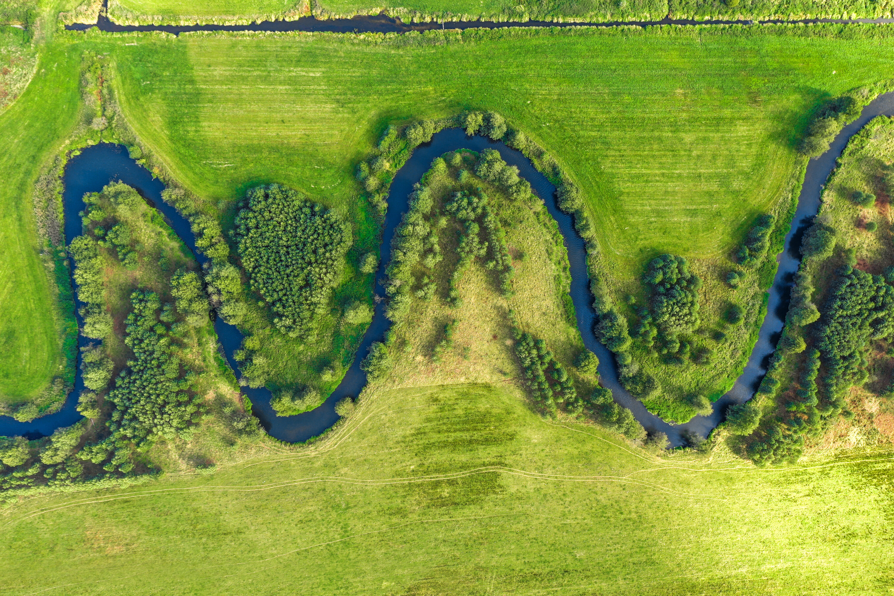 Ilmasto otettu kuva joesta, joka kiermurtelee vihreässä ympäristössä