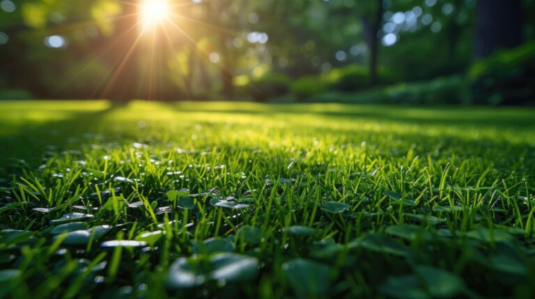 Green grass field with sunlight creating dynamic shadows close up shot.