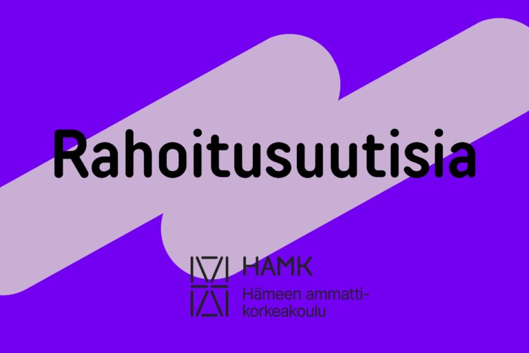 violetilla taustalla teksti rahoitusuutisia ja HAMKin logo