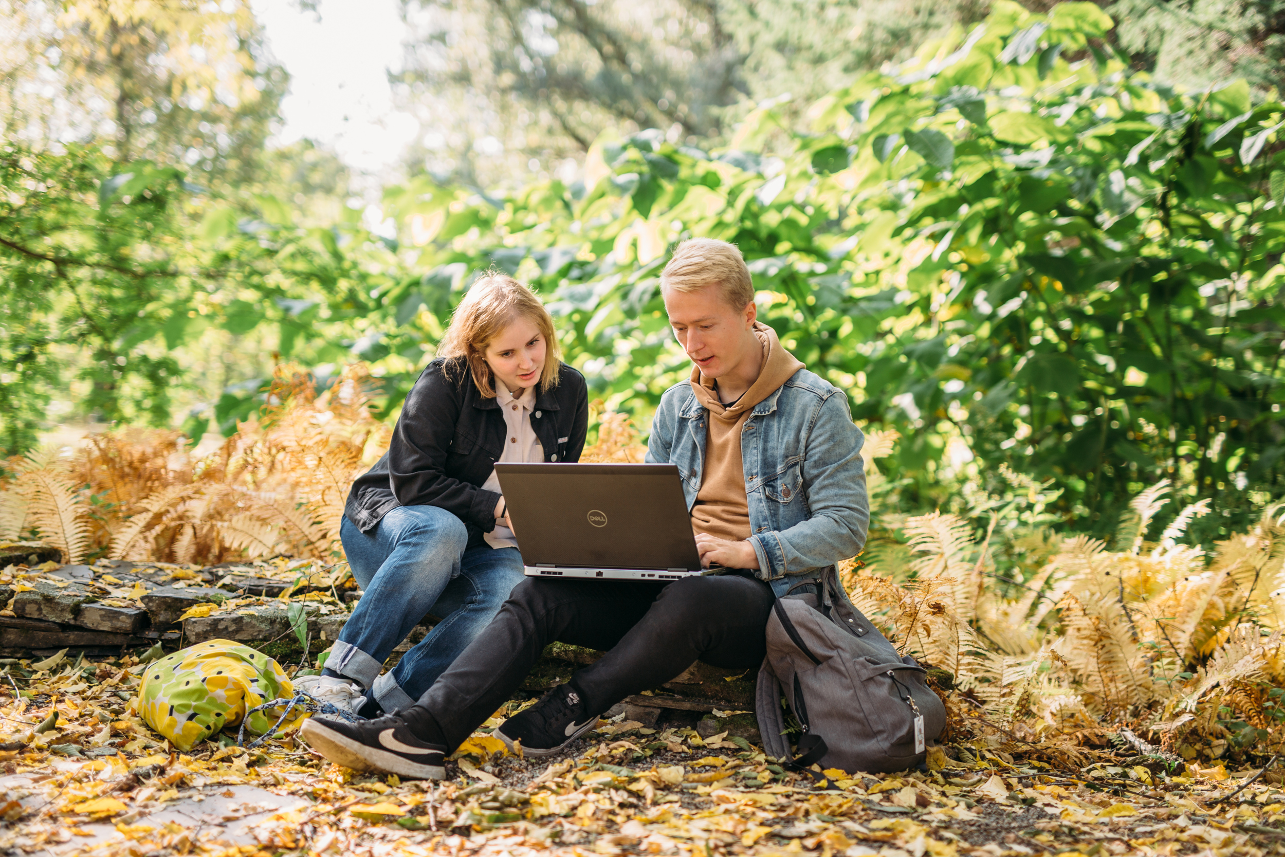 Two people sitting with a laptop in the forest/ Kaksi ihmistä tietokoneella metsässä