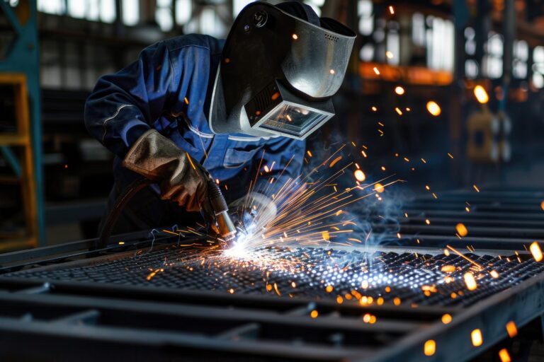 Industrial worker with protective mask welding steel