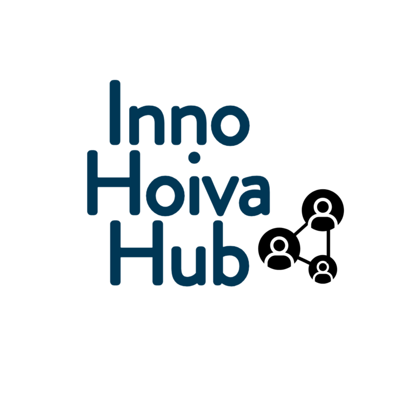 InnoHoivaHub logo, InnoHoivaHub teksti ja kolmen hahmon muodostama kokonaisuus