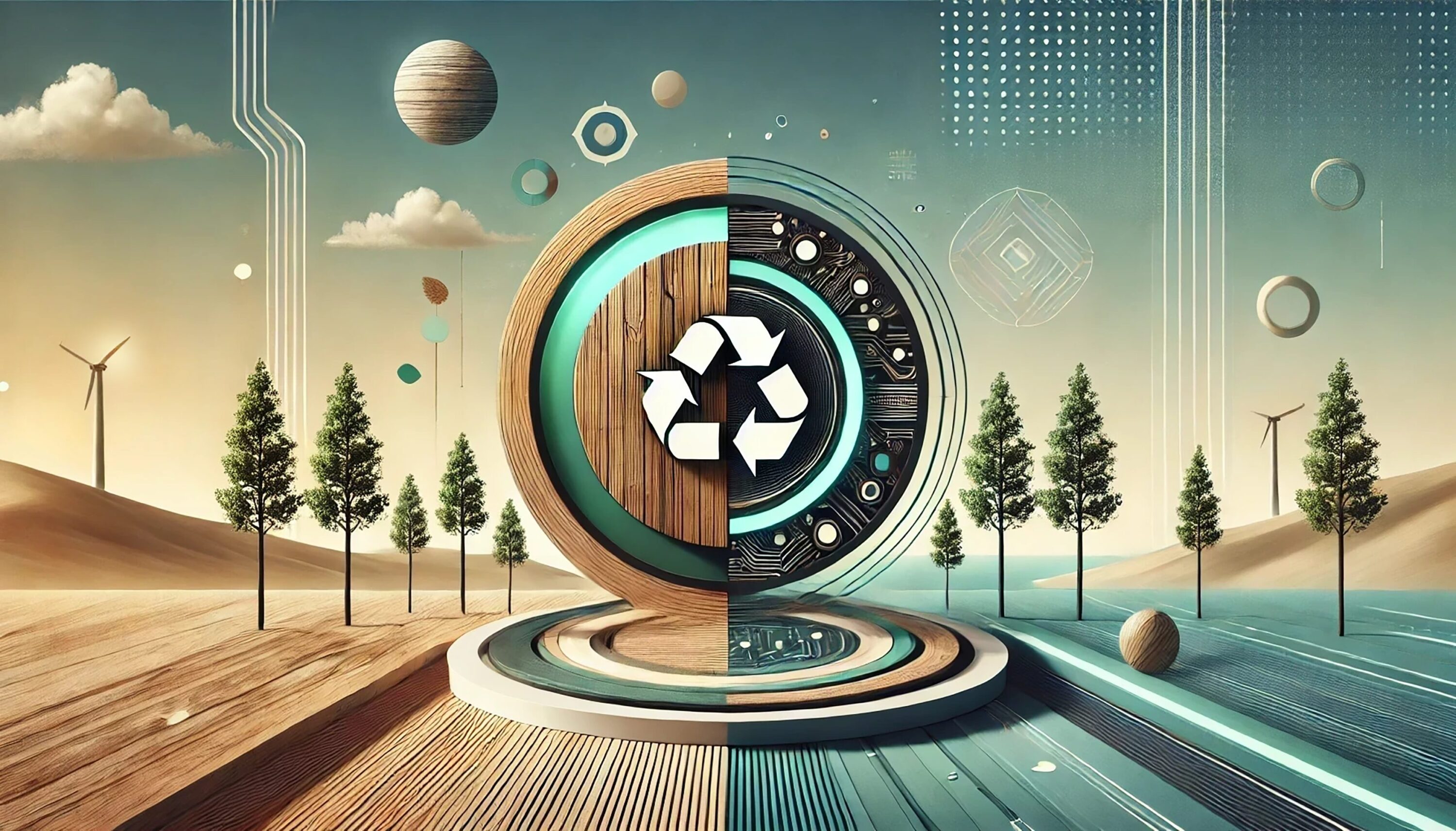 The image features a symbolic visual representation of the circular economy. At its center is a semi-wooden, semi-technological circular symbol, while the background blends elements of nature and technology: trees, wind turbines, minimalist lines, and geometric shapes. The color palette consists of natural tones, such as wood brown and turquoise, creating a harmonious balance between nature and technology.