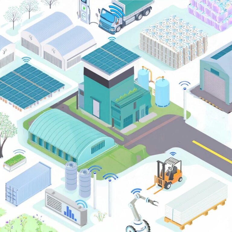 A modern, regenerative industrial area with warehouses, showcasing advanced smart technology. Visible features include an autonomous sorting robot in the sorting yard, solar panels, an information board displaying open data, an electric transport truck (smart logistics), and green surroundings with trees and a meadow.